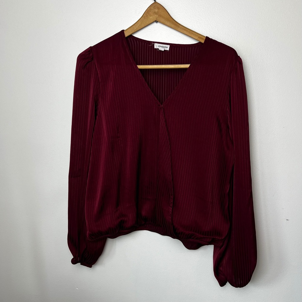 Eyeshadow Womens Ribbed Satin Surplice V-Neck Blouse Burgundy Wine Long Sleeve L